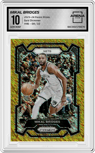 Mikal Bridges from the 2023-24 Panini Prizm set featuring a FOTL Gold Shimmer parallel graded by Arena Club and given an overall grade of 10.