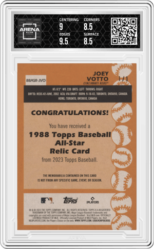 Joey Votto from the 2023 Topps Series 2 set featuring a Platinum parallel graded by Arena Club and given an overall grade of 9.