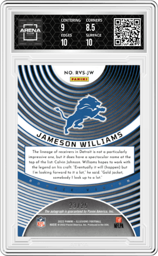 Jameson Williams from the 2022 Panini Illusions set featuring a Gold parallel graded by Arena Club and given an overall grade of 9.