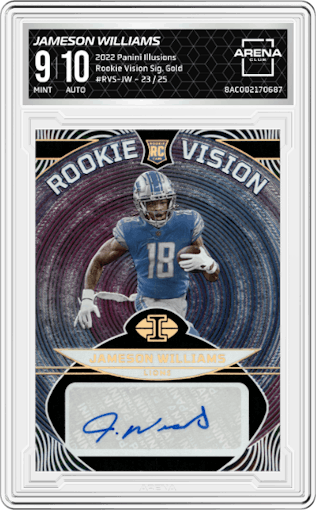 Jameson Williams from the 2022 Panini Illusions set featuring a Gold parallel graded by Arena Club and given an overall grade of 9.