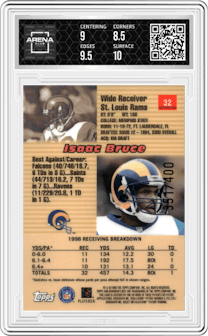 Isaac Bruce from the 1999 Bowman's Best set featuring a Refractor parallel graded by Arena Club and given an overall grade of 9.