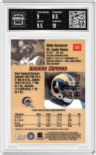 Isaac Bruce from the 1999 Bowman's Best set featuring a Refractor parallel graded by Arena Club and given an overall grade of 9.