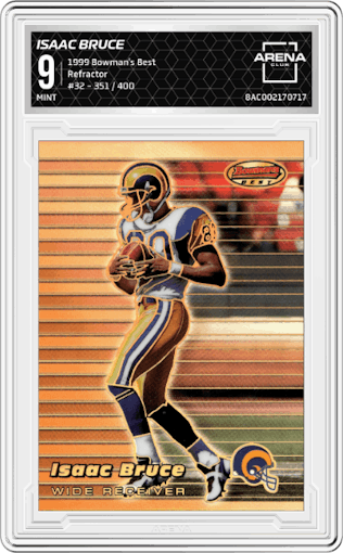Isaac Bruce from the 1999 Bowman's Best set featuring a Refractor parallel graded by Arena Club and given an overall grade of 9.