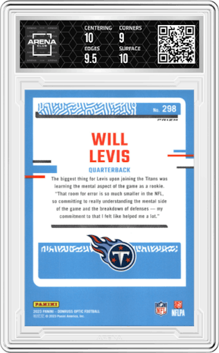 Will Levis from the 2023 Donruss Optic set featuring a Green Velocity parallel graded by Arena Club and given an overall grade of 9.5.