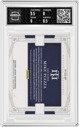 Mike Piazza from the 2023 Panini National Treasures set featuring a Holo Silver parallel graded by Arena Club and given an overall grade of 8.5.