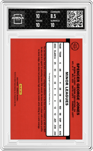 Spencer Jones from the 2023 Panini Donruss set featuring a Holo parallel graded by Arena Club and given an overall grade of 9.