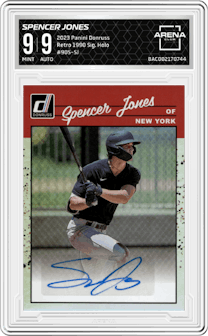 Spencer Jones from the 2023 Panini Donruss set featuring a Holo parallel graded by Arena Club and given an overall grade of 9.