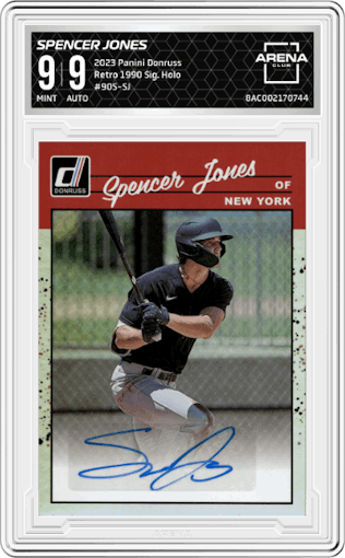 Spencer Jones from the 2023 Panini Donruss set featuring a Holo parallel graded by Arena Club and given an overall grade of 9.