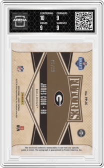 James Cook  from the 2022 Panini Legacy set featuring a Ruby parallel graded by Arena Club and given an overall grade of 9.