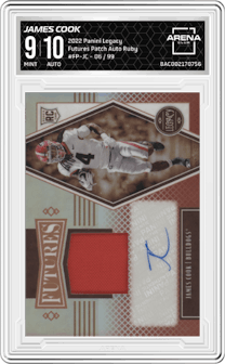 James Cook  from the 2022 Panini Legacy set featuring a Ruby parallel graded by Arena Club and given an overall grade of 9.