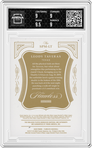 Leody Taveras from the 2020 Panini Flawless set featuring a Gold parallel graded by Arena Club and given an overall grade of 9.