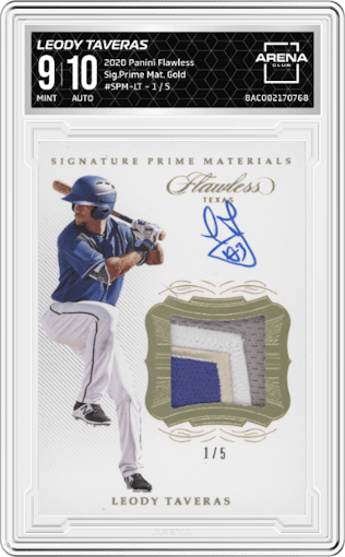 Leody Taveras from the 2020 Panini Flawless set featuring a Gold parallel graded by Arena Club and given an overall grade of 9.