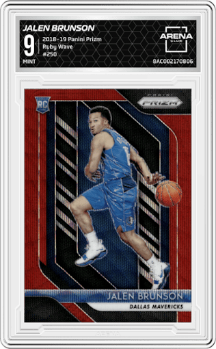Jalen Brunson from the 2018-19 Panini Prizm set featuring a Ruby Wave parallel graded by Arena Club and given an overall grade of 9.