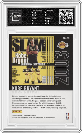 Kobe Bryant from the 2020-21 Panini NBA Hoops set featuring a Winter parallel graded by Arena Club and given an overall grade of 9.