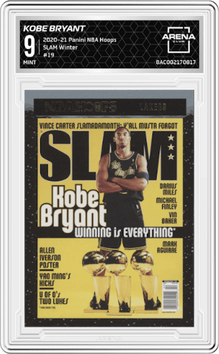 Kobe Bryant from the 2020-21 Panini NBA Hoops set featuring a Winter parallel graded by Arena Club and given an overall grade of 9.