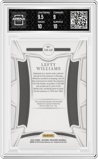 Lefty Williams from the 2023 Panini National Treasures set graded by Arena Club and given an overall grade of 9.5.