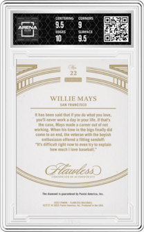 Willie Mays from the 2023 Panini Flawless set graded by Arena Club and given an overall grade of 9.5.