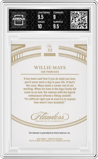 Willie Mays from the 2023 Panini Flawless set graded by Arena Club and given an overall grade of 9.5.