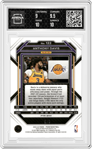 Anthony Davis  from the 2022-23 Panini Prizm  set featuring a Green Choice parallel graded by Arena Club and given an overall grade of 9.5.