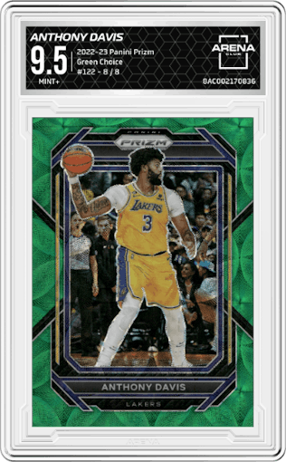 Anthony Davis  from the 2022-23 Panini Prizm  set featuring a Green Choice parallel graded by Arena Club and given an overall grade of 9.5.