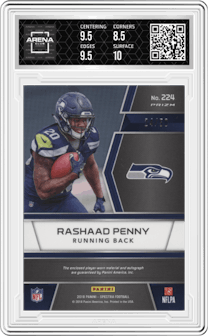 Rashaad Penny from the 2018 Panini Spectra set featuring a Purple parallel graded by Arena Club and given an overall grade of 9.