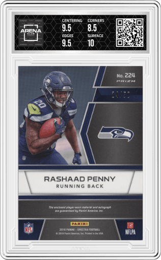 Rashaad Penny from the 2018 Panini Spectra set featuring a Purple parallel graded by Arena Club and given an overall grade of 9.