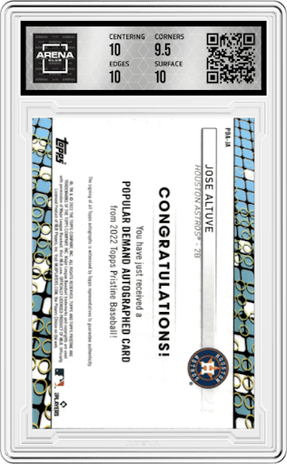 Jose Altuve from the 2022 Topps Pristine set graded by Arena Club and given an overall grade of 10.