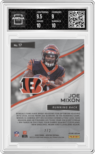 Joe Mixon from the 2020 Panini Spectra set featuring a Nebula parallel graded by Arena Club and given an overall grade of 9.5.