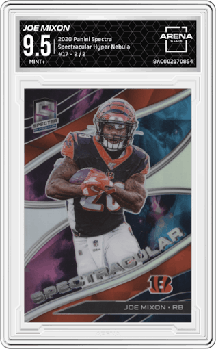 Joe Mixon from the 2020 Panini Spectra set featuring a Nebula parallel graded by Arena Club and given an overall grade of 9.5.