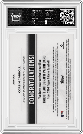 Corbin Carroll from the 2024 Topps Tribute set graded by Arena Club and given an overall grade of 9.5.