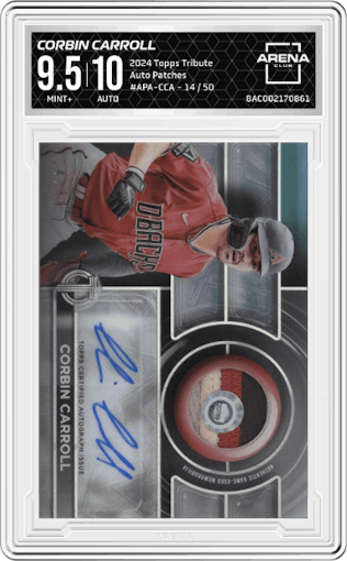 Corbin Carroll from the 2024 Topps Tribute set graded by Arena Club and given an overall grade of 9.5.
