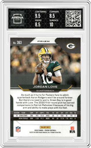 Jordan Love from the 2020 Panini Prizm set featuring a No Huddle parallel graded by Arena Club and given an overall grade of 9.