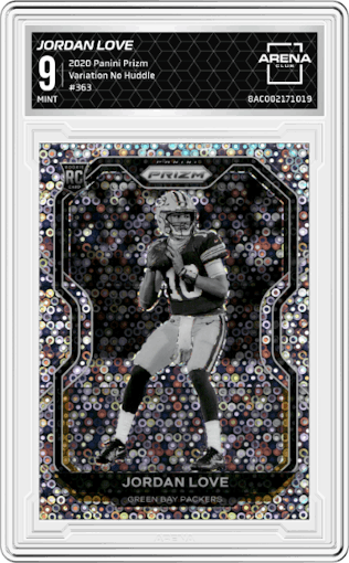 Jordan Love from the 2020 Panini Prizm set featuring a No Huddle parallel graded by Arena Club and given an overall grade of 9.