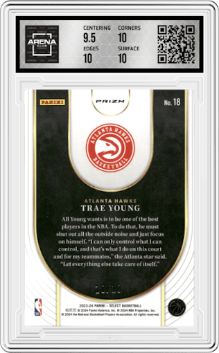 Trae Young from the 2023-24 Panini Select  set featuring a Gold Prizm parallel graded by Arena Club and given an overall grade of 10.