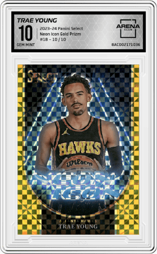 Trae Young from the 2023-24 Panini Select  set featuring a Gold Prizm parallel graded by Arena Club and given an overall grade of 10.