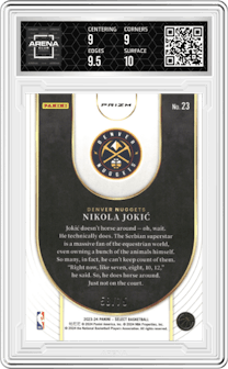 Nikola Jokic from the 2023-24 Panini Select  set featuring a Purple Cracked Ice  parallel graded by Arena Club and given an overall grade of 9.5.