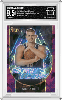 Nikola Jokic from the 2023-24 Panini Select  set featuring a Purple Cracked Ice  parallel graded by Arena Club and given an overall grade of 9.5.