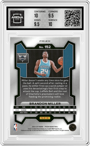 Brandon Miller from the 2023-24 Panini Prizm set featuring a Ruby Wave parallel graded by Arena Club and given an overall grade of 10.