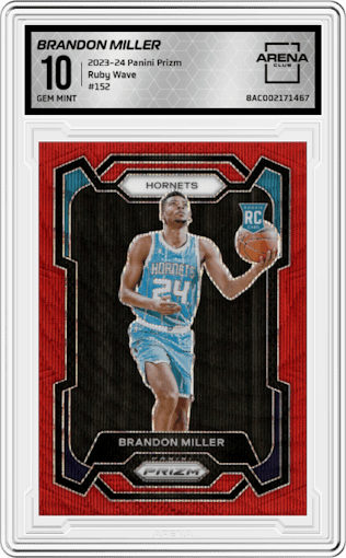 Brandon Miller from the 2023-24 Panini Prizm set featuring a Ruby Wave parallel graded by Arena Club and given an overall grade of 10.