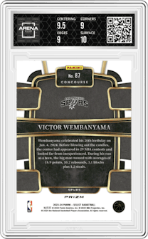 Victor Wembanyama from the 2023-24 Panini Select  set featuring a Red Cracked Ice parallel graded by Arena Club and given an overall grade of 9.5.