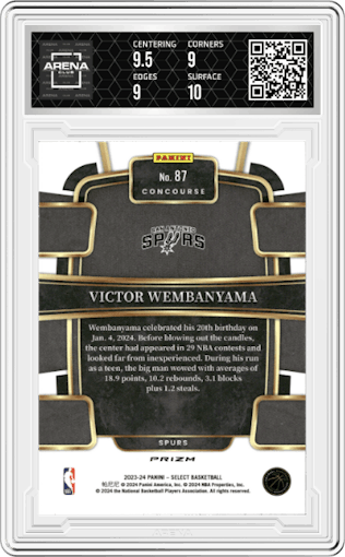Victor Wembanyama from the 2023-24 Panini Select  set featuring a Red Cracked Ice parallel graded by Arena Club and given an overall grade of 9.5.