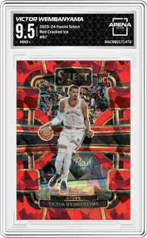 Victor Wembanyama from the 2023-24 Panini Select  set featuring a Red Cracked Ice parallel graded by Arena Club and given an overall grade of 9.5.