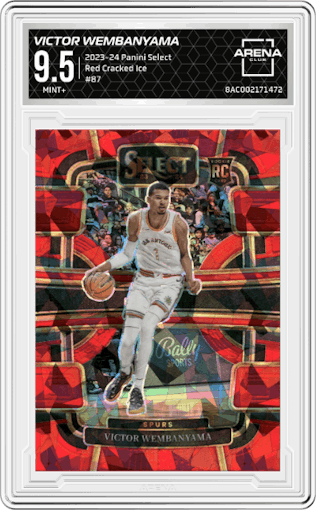 Victor Wembanyama from the 2023-24 Panini Select  set featuring a Red Cracked Ice parallel graded by Arena Club and given an overall grade of 9.5.