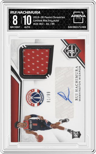 Rui Hachimura from the 2019-20 Panini Chronicles  set graded by Arena Club and given an overall grade of 8.