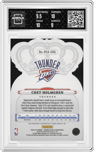 Chet Holmgren  from the 2022-23 Panini Crown Royale set graded by Arena Club and given an overall grade of 9.5.