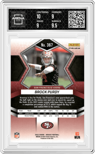 Brock Purdy from the 2022 Panini Mosaic set featuring a Silver  parallel graded by Arena Club and given an overall grade of 9.5.