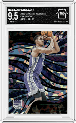 Keegan Murray from the 2022-23 Panini Revolution  set featuring a Chinese New Year Emerald parallel graded by Arena Club and given an overall grade of 9.5.