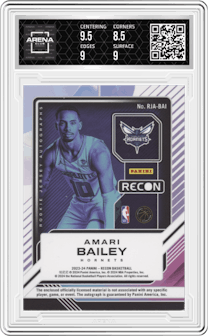 Amari Bailey from the 2023-24 Panini Recon set featuring a Gold parallel graded by Arena Club and given an overall grade of 9.