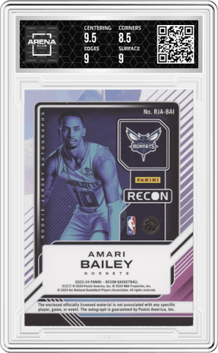 Amari Bailey from the 2023-24 Panini Recon set featuring a Gold parallel graded by Arena Club and given an overall grade of 9.