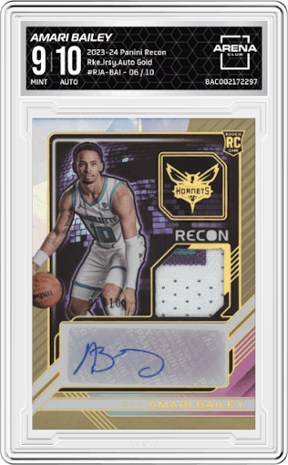 Amari Bailey from the 2023-24 Panini Recon set featuring a Gold parallel graded by Arena Club and given an overall grade of 9.